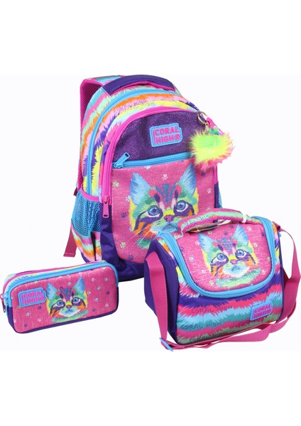 Ch 23477 Renkli Kedi - 3' Lü Okul Çantası Seti - Sırt ve Beslenme Çantası + Kalemlik fiyatları