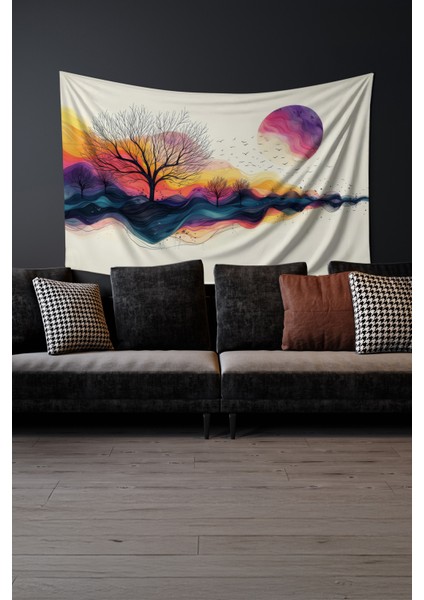 Renkli Gün Batımı Desenli Duvar Halısı Duvar Örtüsü Tapestry Süet Dokulu Kumaş