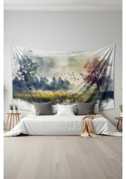 Sisli Sabah Manzarası Desenli Duvar Halısı Duvar Örtüsü Tapestry Süet Dokulu Kumaş