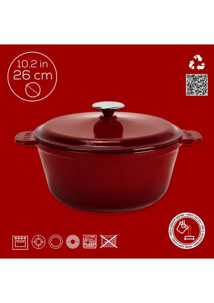 Döküm Yuvarlak Güvec Tencere Döküm Demir Yekpare Kulplu. ÇAP(Ø)26CM.-BORDO fırsatları