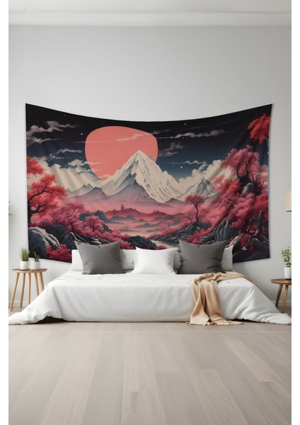 Kızıl Dağ Desenli Duvar Halısı Duvar Örtüsü Tapestry Süet Dokulu Kumaş