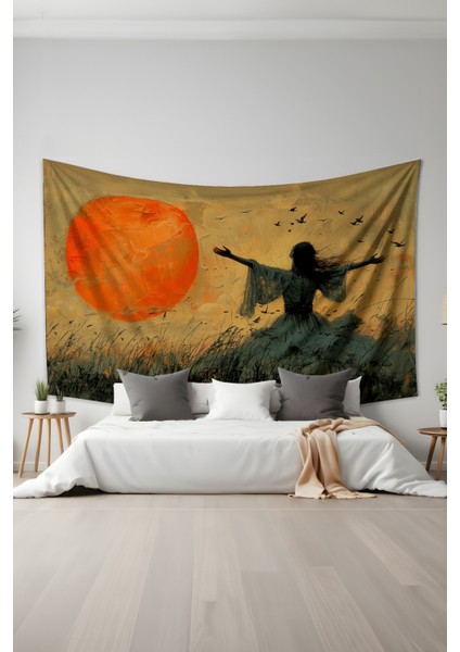 Gün Batımında Özgürlük Desenli Duvar Halısı Duvar Örtüsü Tapestry Süet Dokulu Kumaş