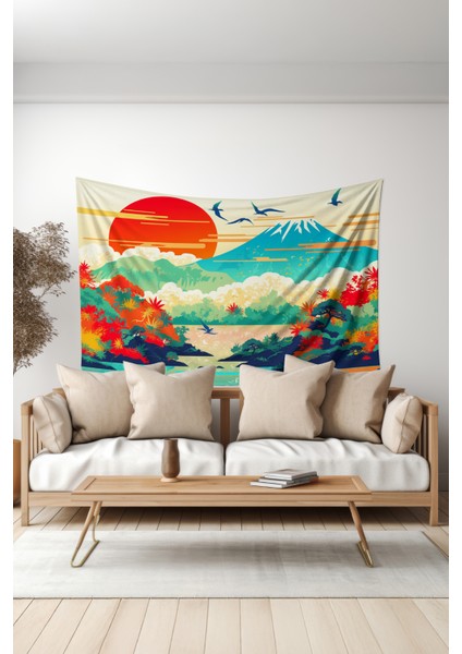 Doğanın Renkli Uyanışı Desenli Duvar Halısı Duvar Örtüsü Tapestry Süet Dokulu Kumaş