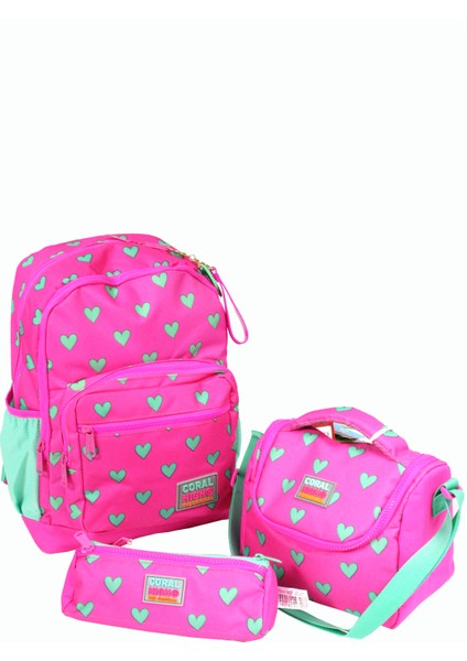 Ch 23113 Pembe Yeşil Kalpli - 3' Lü Okul Çantası Seti - Sırt ve Beslenme Çantası + Kalemlik fiyatları