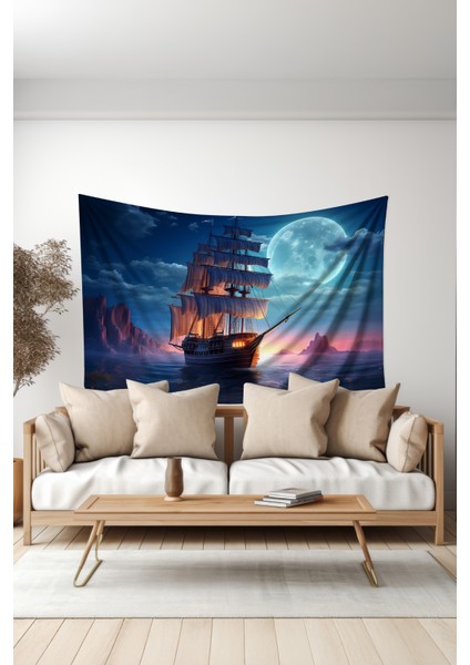 Ay Işığı Yelkenli Desenli Duvar Halısı Duvar Örtüsü Tapestry Süet Dokulu Kumaş