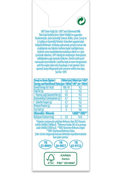 Yarım Yağlı Süt UHT 200 ml x 27 Adet Enerji Değeri 188 Kcal Kaliteli Süt modelleri