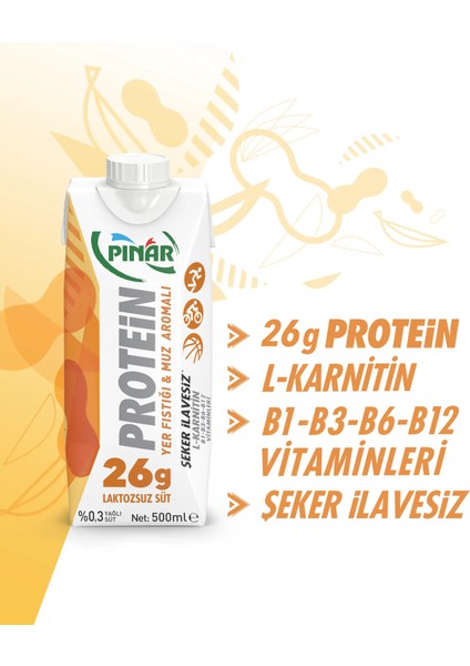 Yer Fıstıklı ve Muz Aromalı Protein Süt 500 ml x 12 Adet