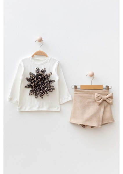 Leopar Çiçek Detaylı Bluz & Fiyonk Detaylı Kız Çocuk şort etek takım - Bej