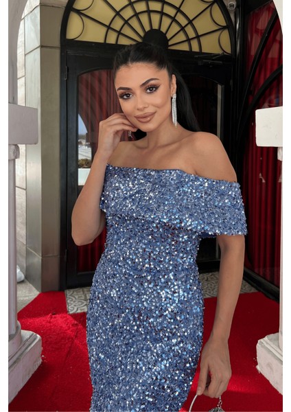 Payet Kumaş Kayık Yaka Kalem Elbise - Bebe Mavisi modelleri