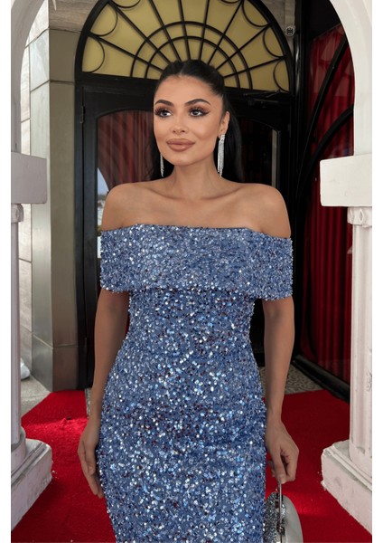 Payet Kumaş Kayık Yaka Kalem Elbise - Bebe Mavisi fırsatları