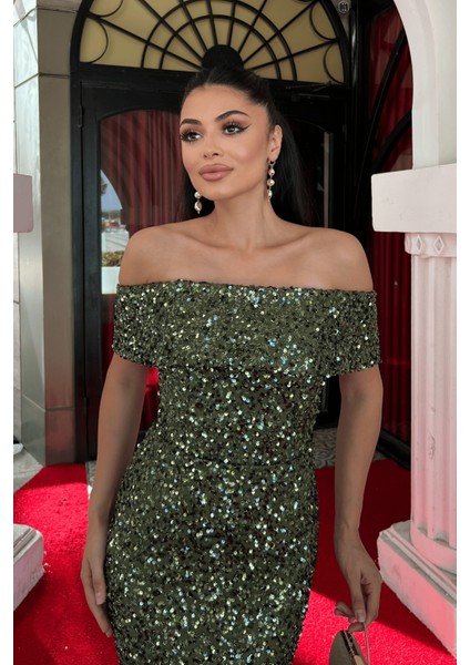 Payet Kumaş Kayık Yaka Kalem Elbise - Haki Yeşili modelleri