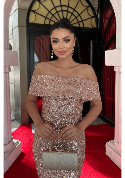 Payet Kumaş Kayık Yaka Kalem Elbise - Bakır modelleri