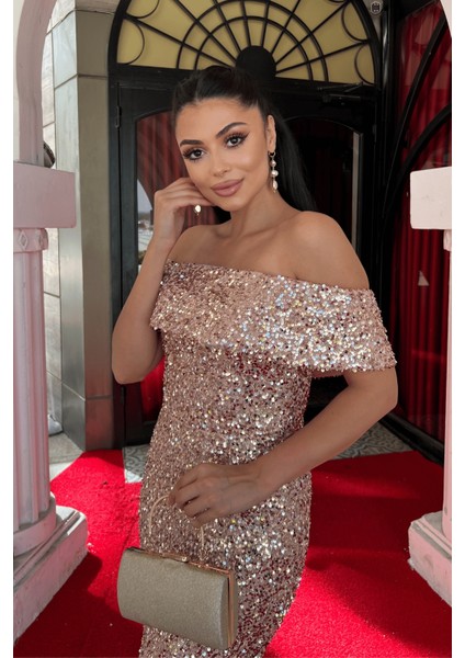 Payet Kumaş Kayık Yaka Kalem Elbise - Bakır fırsatları