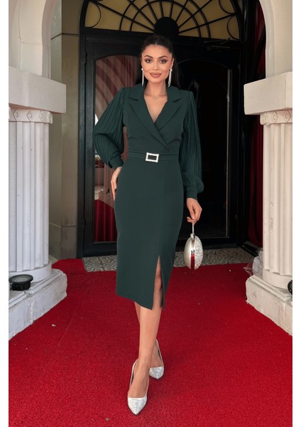 Atlas Kumaş Kolları Pile Detaylı Ceket Elbise - Zümrüt Yeşil