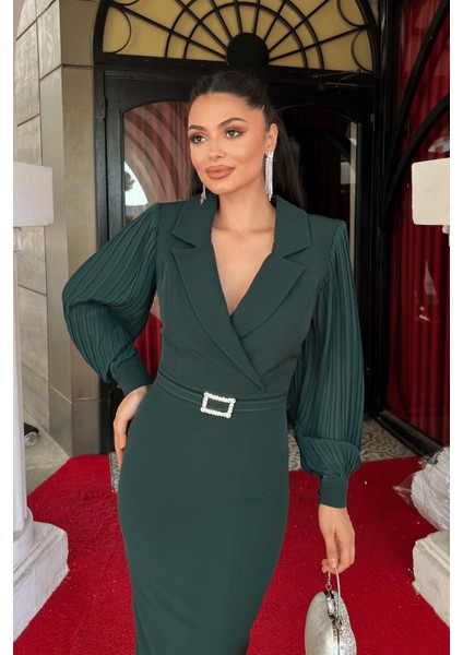 Atlas Kumaş Kolları Pile Detaylı Ceket Elbise - Zümrüt Yeşil modelleri