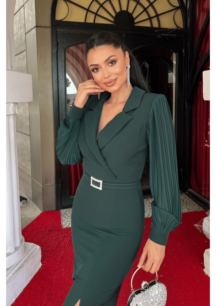 Atlas Kumaş Kolları Pile Detaylı Ceket Elbise - Zümrüt Yeşil fırsatları