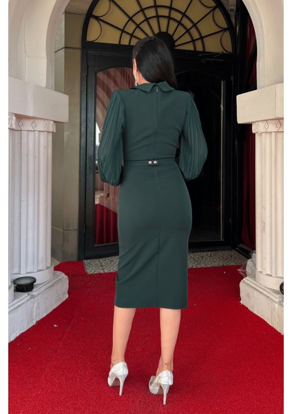 Atlas Kumaş Kolları Pile Detaylı Ceket Elbise - Zümrüt Yeşil indirimleri