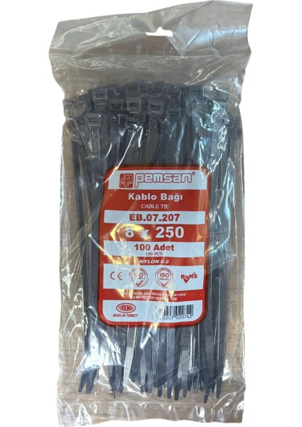 Kablo Bağı Cırt Kelepçe 8X250 mm Siyah 100 Adet Fiyatıdır