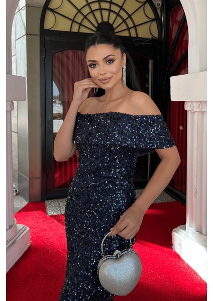 Payet Kumaş Kayık Yaka Kalem Elbise - Lacivert modelleri