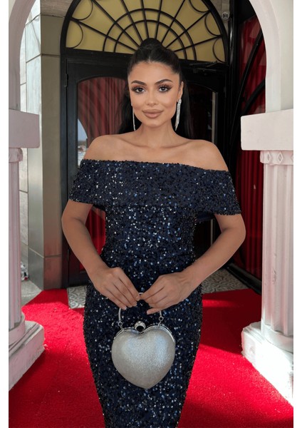 Payet Kumaş Kayık Yaka Kalem Elbise - Lacivert fırsatları