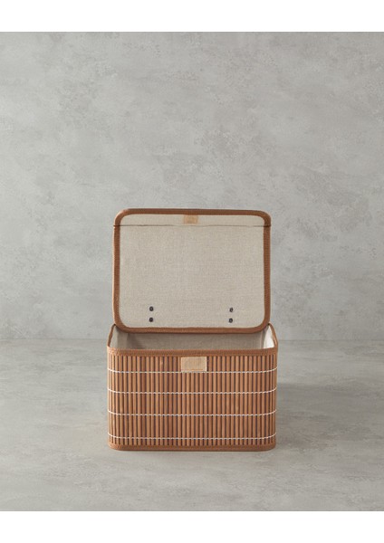 Bambu ve Ahşap Kapaklı Kahverengi Saklama Kutusu 28 x 20 x 18 cm – Dayanıklı Doğal Malzemeden Dekoratif Organizer