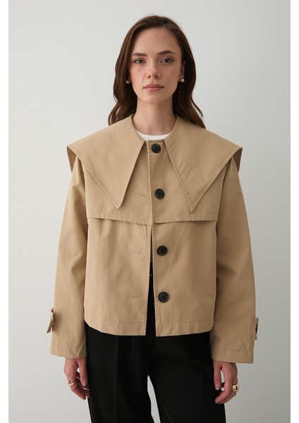 Camel Sakura Geniş Yaka Kısa Trençkot - 7530 fırsatları