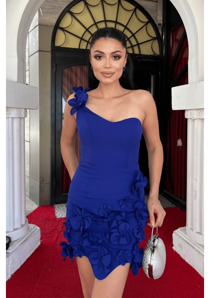 Atlas Kumaş Çiçek Detaylı Mini Elbise - Saks Mavi fırsatları