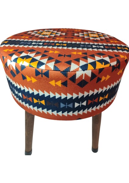 Puf Koltuk Bench Tabure – Anadolu Kilim Turuncu - Ahşap Ayaklı