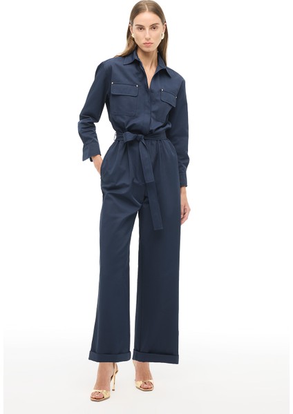 Lacivert Gömlek Yaka Boru Paça Tulum