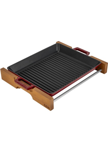 Döküm Dikdörtgen Izgara Tavası Kayın Servis Ahşabı Döküm Demir Yekpare Çift Kulplu Ölçü 26X32CM.-BORDO fiyatları