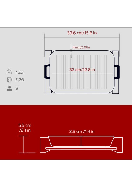 Döküm Dikdörtgen Izgara Tavası Kayın Servis Ahşabı Döküm Demir Yekpare Çift Kulplu Ölçü 26X32CM.-BORDO indirimleri