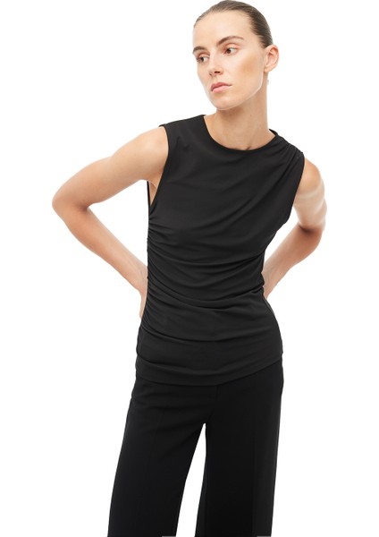 Siyah Asimetrik Yaka Slim Fit Sıfır Kol Bluz fiyatları