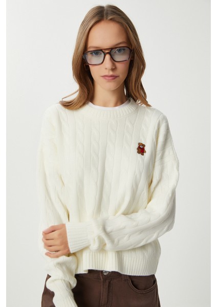 Ayıcık Işlemeli Saç Örgülü Triko Kazak LNX0005 Kemik