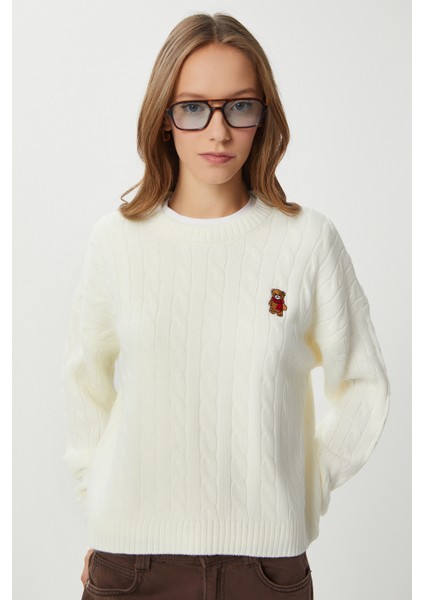 Ayıcık Işlemeli Saç Örgülü Triko Kazak LNX0005 Kemik fiyatları