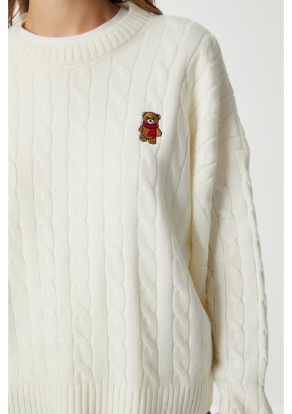 Ayıcık Işlemeli Saç Örgülü Triko Kazak LNX0005 Kemik fırsatları