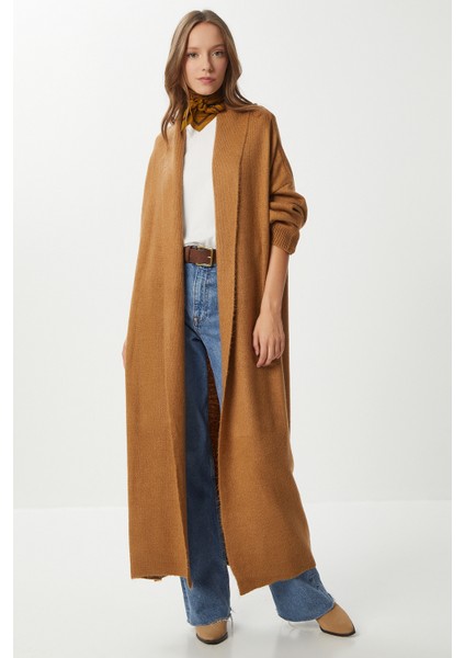 Oversize Uzun Triko Hırka LDD0129 Taba