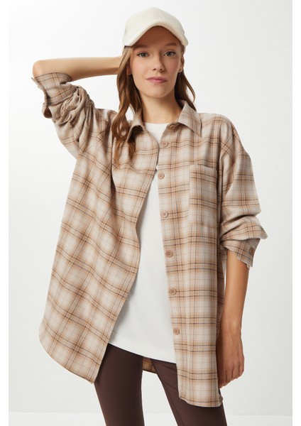 Kareli Oversize Oduncu Gömlek LDZ0049 Krem Bej