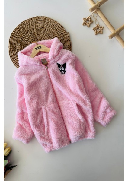 Krm Işleme Detaylı Kapüşonlu Peluş Kız çocuk mont - Açık Pembe