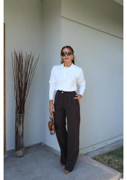 Acı Kahverengi Gold Düğme Detay Palazzo Pantolon