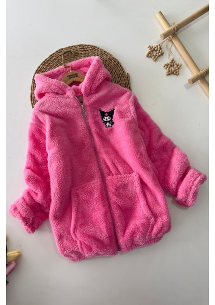 Krm Işleme Detaylı Kapüşonlu Peluş Kız çocuk mont - Koyu Pembe