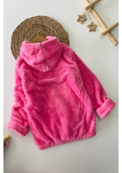 Krm Işleme Detaylı Kapüşonlu Peluş Kız çocuk mont - Koyu Pembe fiyatları