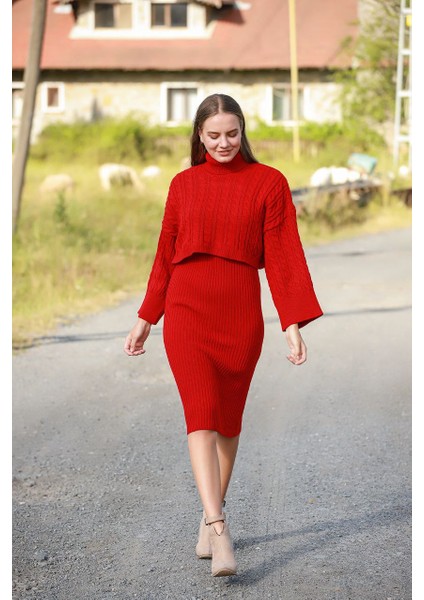 Midiboy Triko Elbise Crop Hırka Roya Ikili Takım modelleri