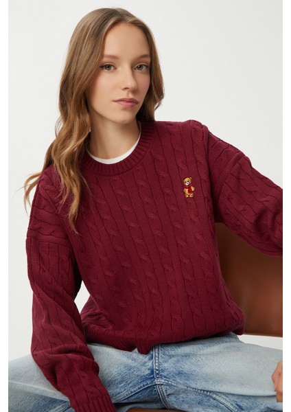 Ayıcık Işlemeli Saç Örgülü Triko Kazak LNX0005 Bordo