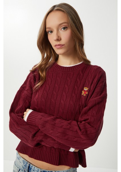 Ayıcık Işlemeli Saç Örgülü Triko Kazak LNX0005 Bordo fiyatları