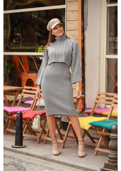 Midiboy Triko Elbise Crop Hırka Roya Ikili Takım