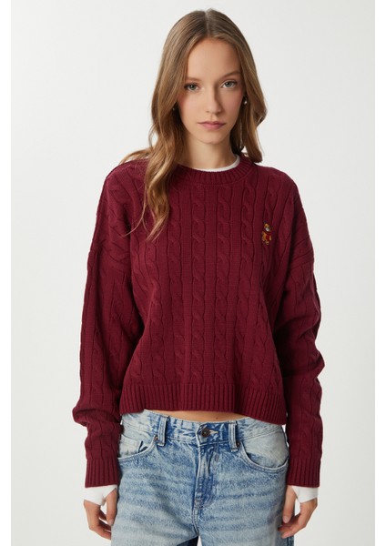 Ayıcık Işlemeli Saç Örgülü Triko Kazak LNX0005 Bordo modelleri