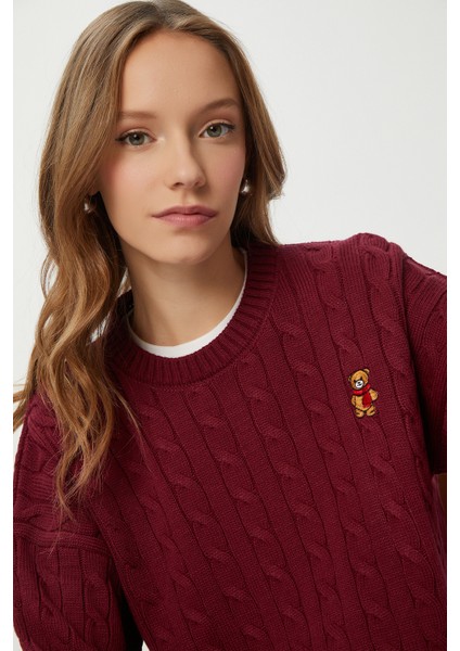Ayıcık Işlemeli Saç Örgülü Triko Kazak LNX0005 Bordo fırsatları