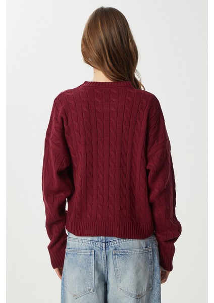 Ayıcık Işlemeli Saç Örgülü Triko Kazak LNX0005 Bordo indirimleri