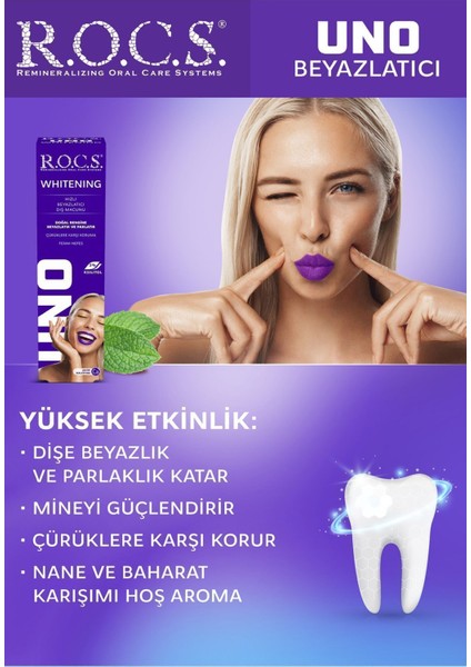 Uno Beyazlatıcı Diş Macunu 74 gr – SLS ve Florür İçermez, Aktif Kalsiyumlu, Nane-Baharat Aromalı, Günlük Kullanım İçin