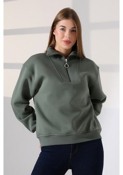 Relax Rahat Salaş Geniş Kesim Yarım Fermuarlı Dik Yaka Pamuklu Kadın Sweatshirt 21971 Haki